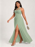 Modest Dusty Sage Chiffon A-Line Square Neck Ankle-Length Plus Size Bridesmaid Dress - Curvevia