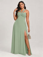Modest Dusty Sage Chiffon A-Line Square Neck Ankle-Length Plus Size Bridesmaid Dress - Curvevia