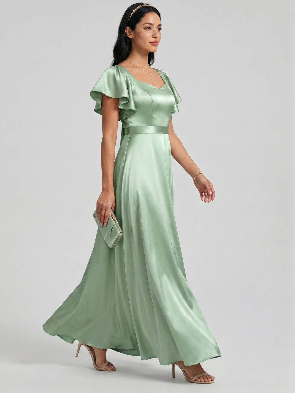Modest Dusty Sage Satin A-Line Square Neck Backless Bow Ankle-Length Bridesmaid Dress - Curvevia