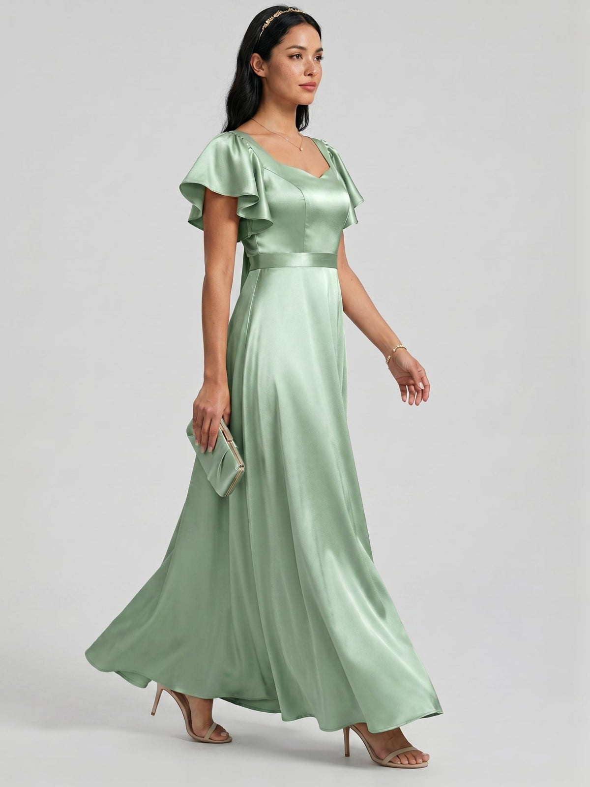 Modest Dusty Sage Satin A-Line Square Neck Backless Bow Ankle-Length Bridesmaid Dress - Curvevia