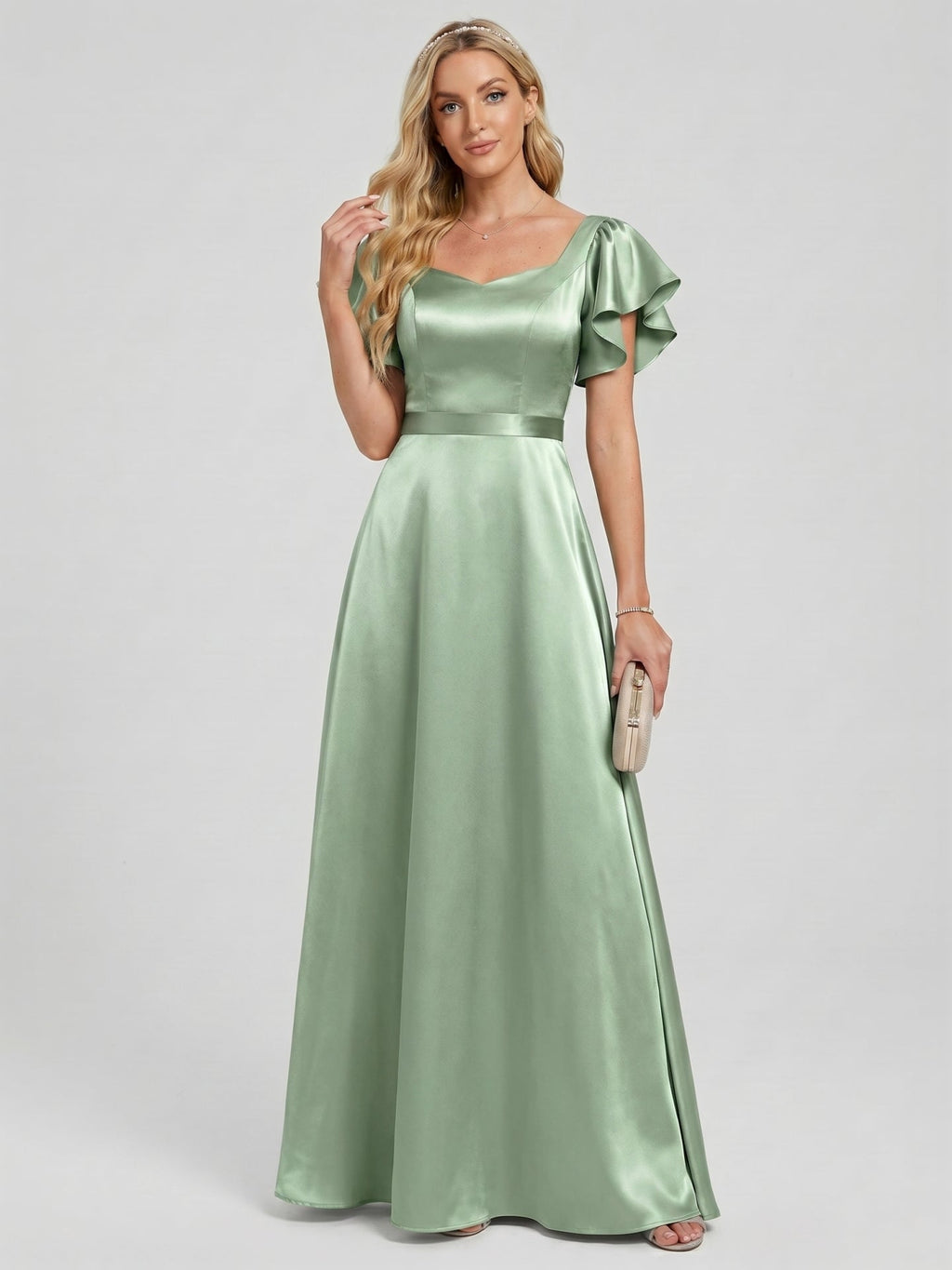 Modest Dusty Sage Satin A-Line Square Neck Backless Bow Ankle-Length Bridesmaid Dress - Curvevia