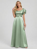 Modest Dusty Sage Satin A-Line Square Neck Backless Bow Ankle-Length Bridesmaid Dress - Curvevia