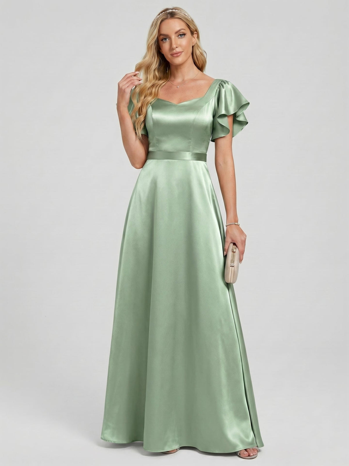 Modest Dusty Sage Satin A-Line Square Neck Backless Bow Ankle-Length Bridesmaid Dress - Curvevia