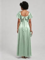 Modest Dusty Sage Satin A-Line Square Neck Backless Bow Ankle-Length Bridesmaid Dress - Curvevia