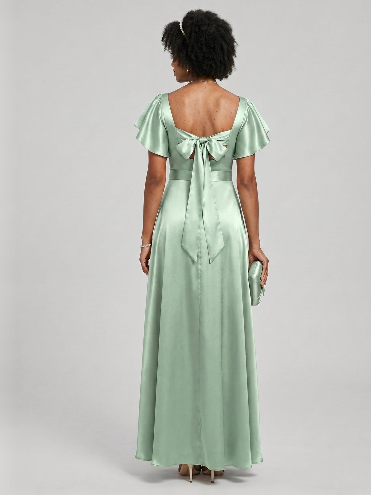 Modest Dusty Sage Satin A-Line Square Neck Backless Bow Ankle-Length Bridesmaid Dress - Curvevia
