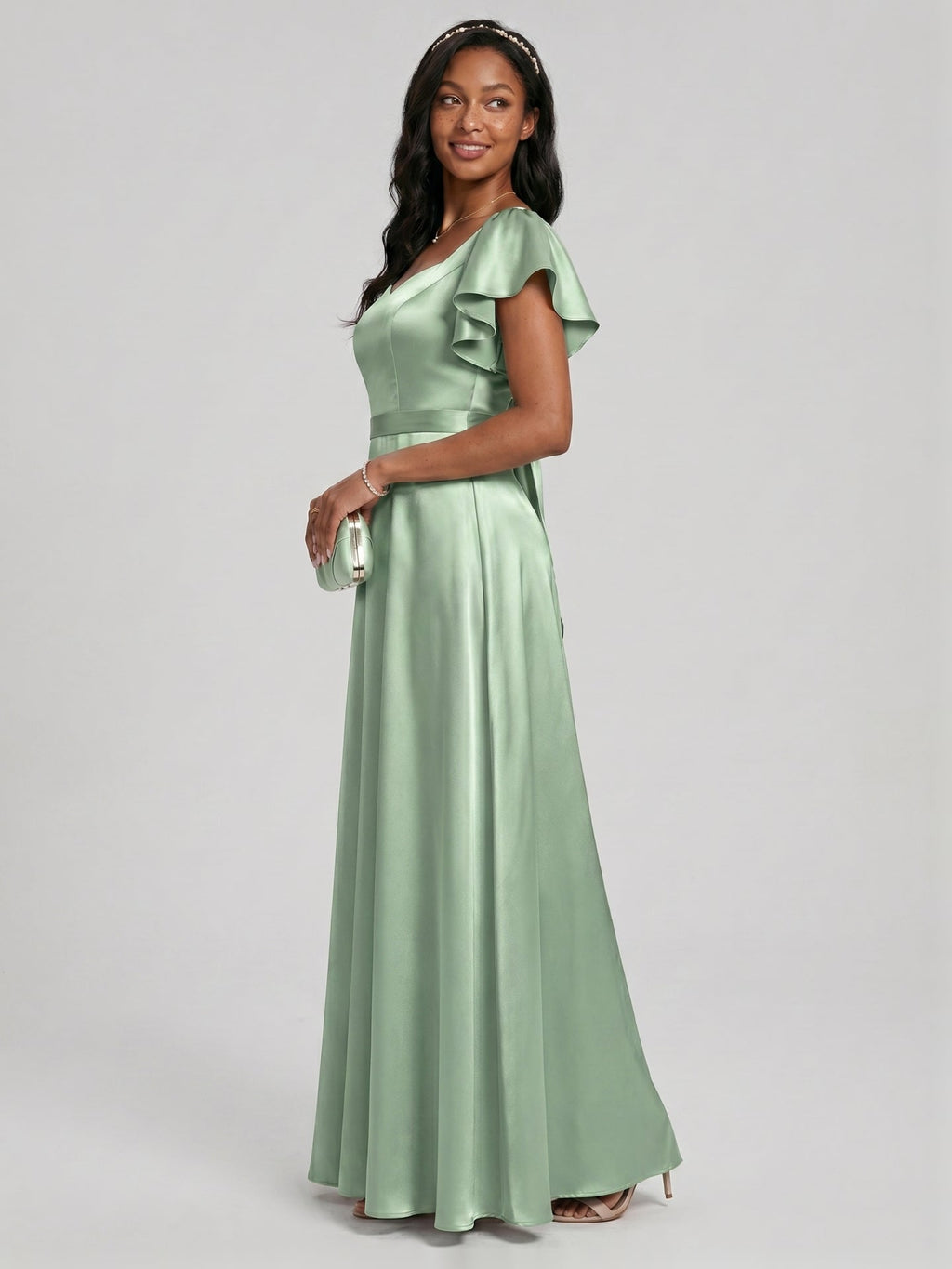 Modest Dusty Sage Satin A-Line Square Neck Backless Bow Ankle-Length Bridesmaid Dress - Curvevia