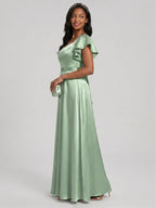 Modest Dusty Sage Satin A-Line Square Neck Backless Bow Ankle-Length Bridesmaid Dress - Curvevia