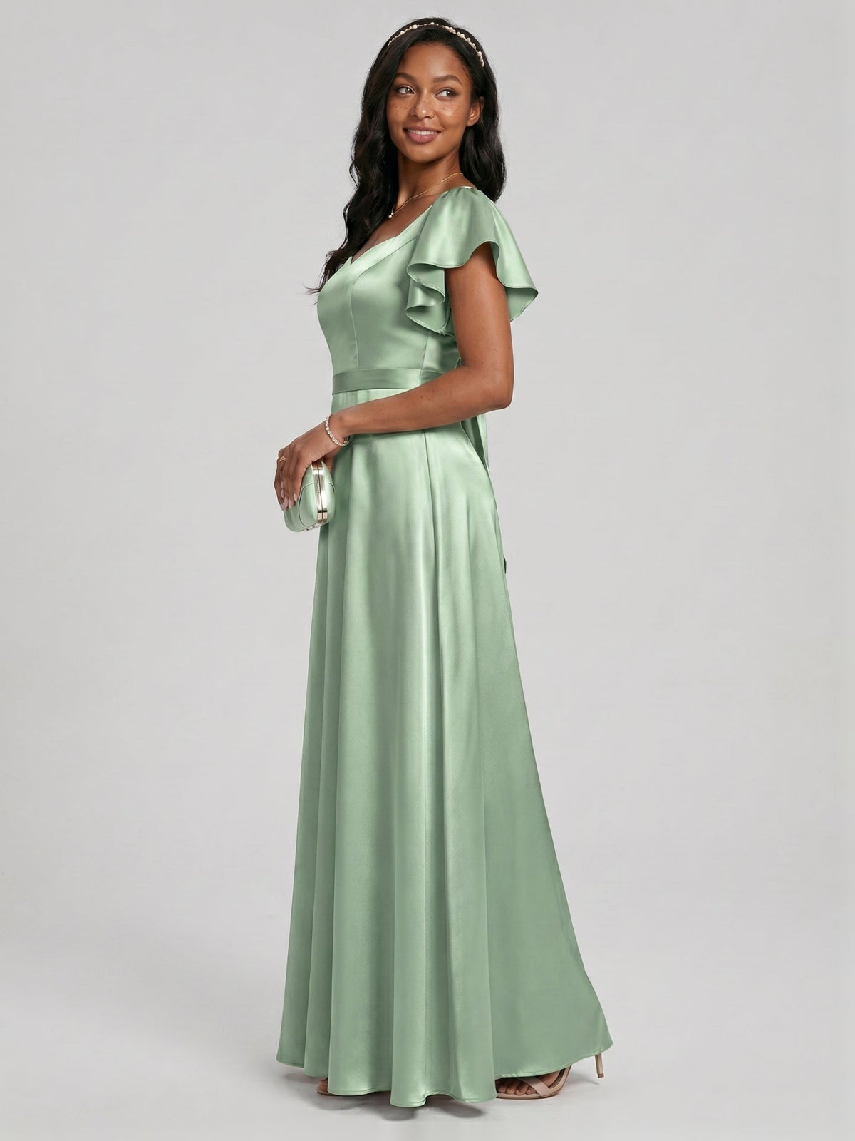 Modest Dusty Sage Satin A-Line Square Neck Backless Bow Ankle-Length Bridesmaid Dress - Curvevia