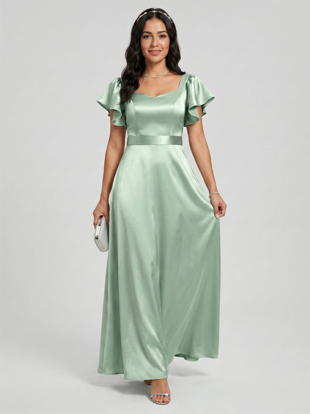 Modest Dusty Sage Satin A-Line Square Neck Backless Bow Ankle-Length Bridesmaid Dress - Curvevia