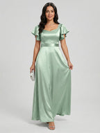Modest Dusty Sage Satin A-Line Square Neck Backless Bow Ankle-Length Bridesmaid Dress - Curvevia