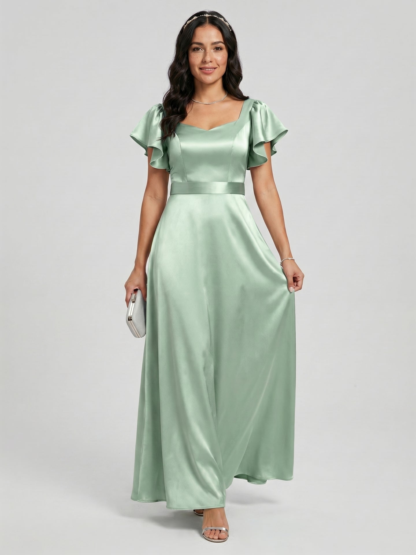 Modest Dusty Sage Satin A-Line Square Neck Backless Bow Ankle-Length Bridesmaid Dress - Curvevia