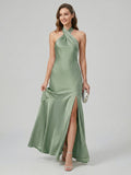 Elegant Dusty Sage Matte Satin mermaid Halter neckline Backless Ankle-Length Bridesmaid Dress - Curvevia