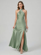 Elegant Dusty Sage Matte Satin mermaid Halter neckline Backless Ankle-Length Bridesmaid Dress - Curvevia