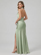 Elegant Dusty Sage Matte Satin mermaid Halter neckline Backless Ankle-Length Bridesmaid Dress - Curvevia