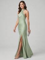 Elegant Dusty Sage Matte Satin mermaid Halter neckline Backless Ankle-Length Bridesmaid Dress - Curvevia