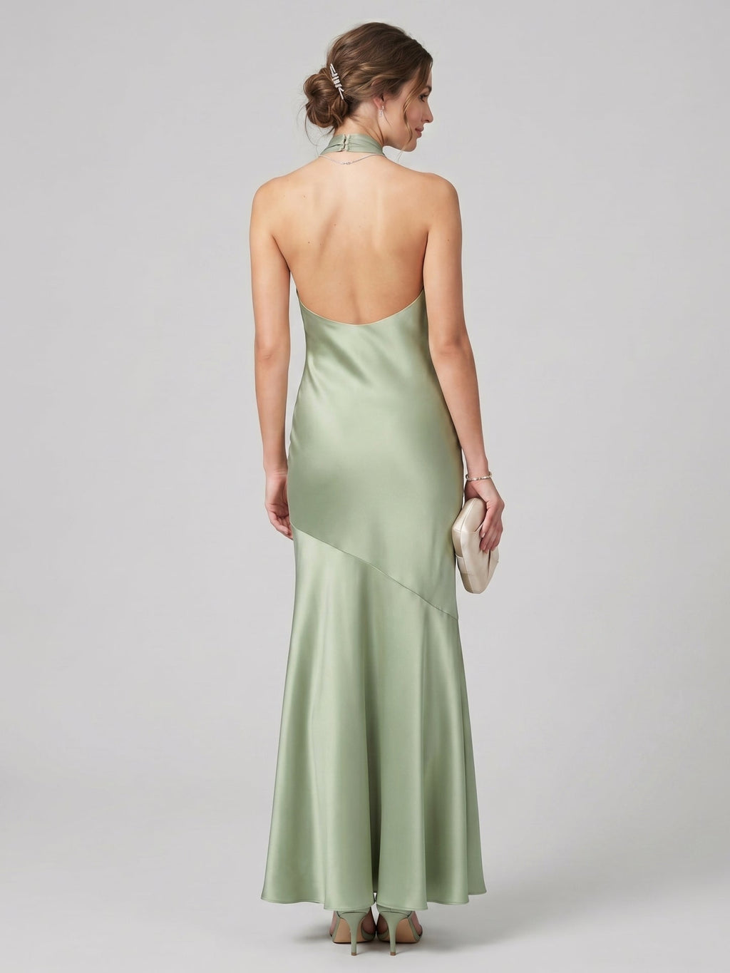 Elegant Dusty Sage Matte Satin mermaid Halter neckline Backless Ankle-Length Bridesmaid Dress - Curvevia