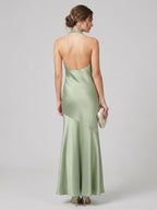 Elegant Dusty Sage Matte Satin mermaid Halter neckline Backless Ankle-Length Bridesmaid Dress - Curvevia
