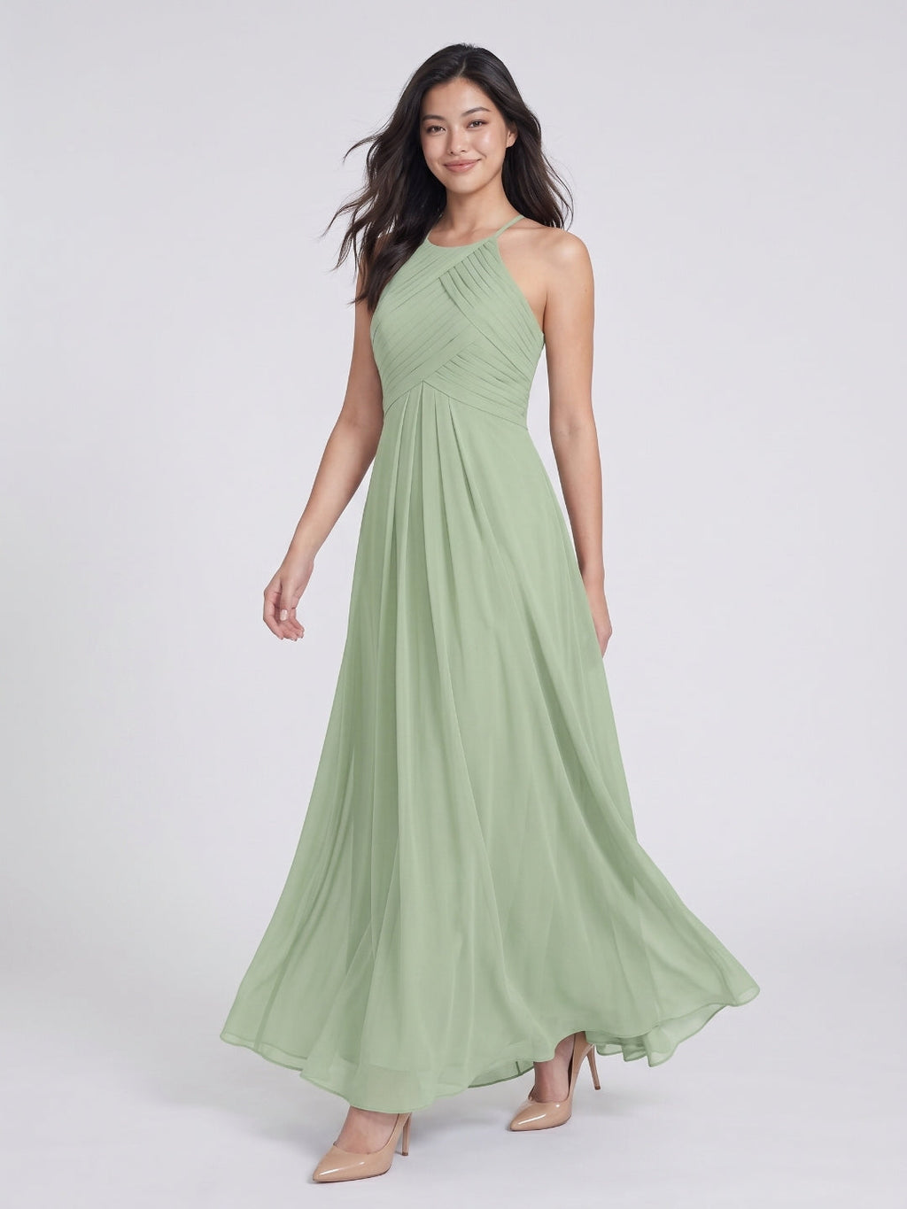 Dusty Sage Chiffon A-Line Halter Neckline Keyhole Back Floor-Length Bridesmaid Dress with Pleating - Curvevia