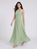 Dusty Sage Chiffon A-Line Halter Neckline Keyhole Back Floor-Length Bridesmaid Dress with Pleating - Curvevia