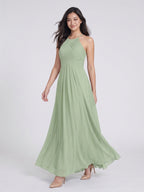 Dusty Sage Chiffon A-Line Halter Neckline Keyhole Back Floor-Length Bridesmaid Dress with Pleating - Curvevia