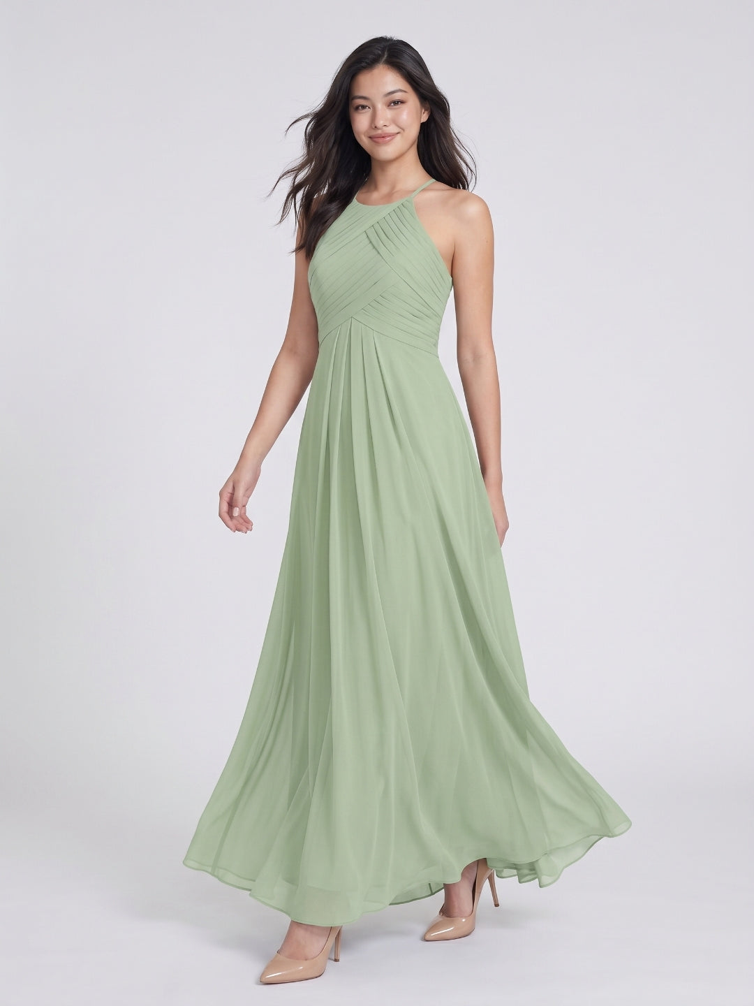 Dusty Sage Chiffon A-Line Halter Neckline Keyhole Back Floor-Length Bridesmaid Dress with Pleating - Curvevia