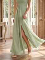 Dusty Sage Chiffon A-Line Halter Neckline Keyhole Back Floor-Length Bridesmaid Dress with Pleating - Curvevia