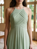 Dusty Sage Chiffon A-Line Halter Neckline Keyhole Back Floor-Length Bridesmaid Dress with Pleating - Curvevia