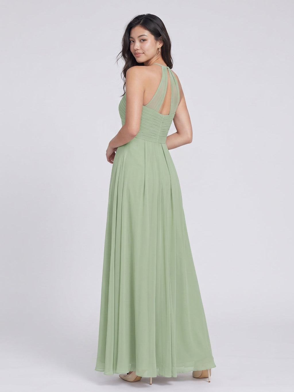 Dusty Sage Chiffon A-Line Halter Neckline Keyhole Back Floor-Length Bridesmaid Dress with Pleating - Curvevia