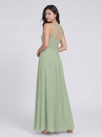 Dusty Sage Chiffon A-Line Halter Neckline Keyhole Back Floor-Length Bridesmaid Dress with Pleating - Curvevia