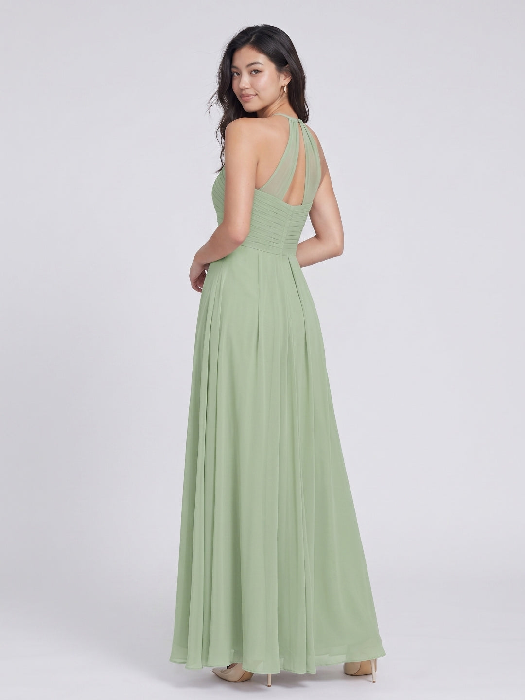 Dusty Sage Chiffon A-Line Halter Neckline Keyhole Back Floor-Length Bridesmaid Dress with Pleating - Curvevia