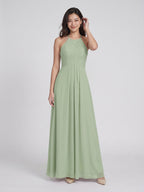 Dusty Sage Chiffon A-Line Halter Neckline Keyhole Back Floor-Length Bridesmaid Dress with Pleating - Curvevia