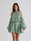 Dusty Sage Chiffon A-Line Scoop Neck Back Zip Short Birthday Dress - Curvevia