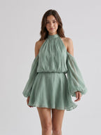 Dusty Sage Chiffon A-Line Scoop Neck Back Zip Short Birthday Dress - Curvevia
