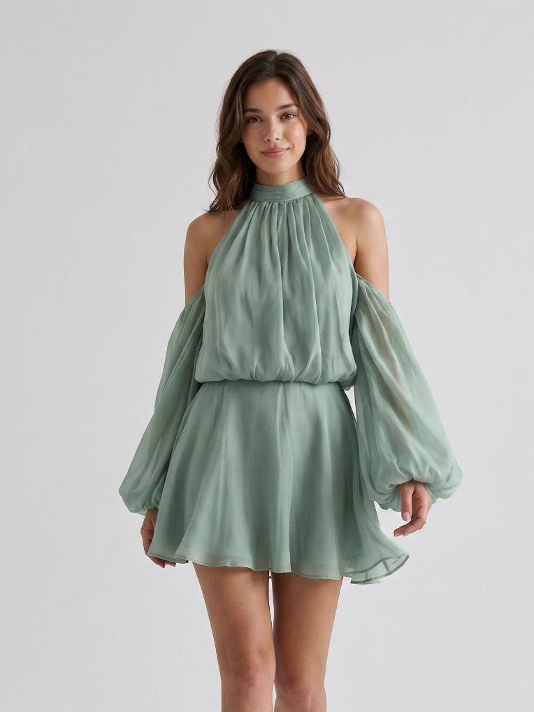 Dusty Sage Chiffon A-Line Scoop Neck Back Zip Short Birthday Dress - Curvevia