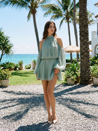 Dusty Sage Chiffon A-Line Scoop Neck Back Zip Short Birthday Dress - Curvevia