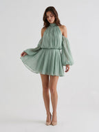 Dusty Sage Chiffon A-Line Scoop Neck Back Zip Short Birthday Dress - Curvevia