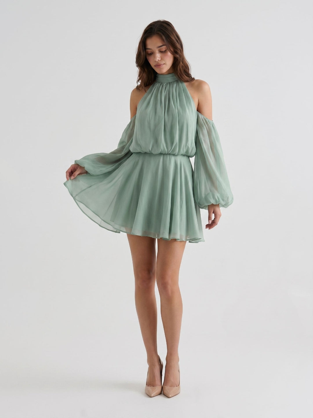 Dusty Sage Chiffon A-Line Scoop Neck Back Zip Short Birthday Dress - Curvevia