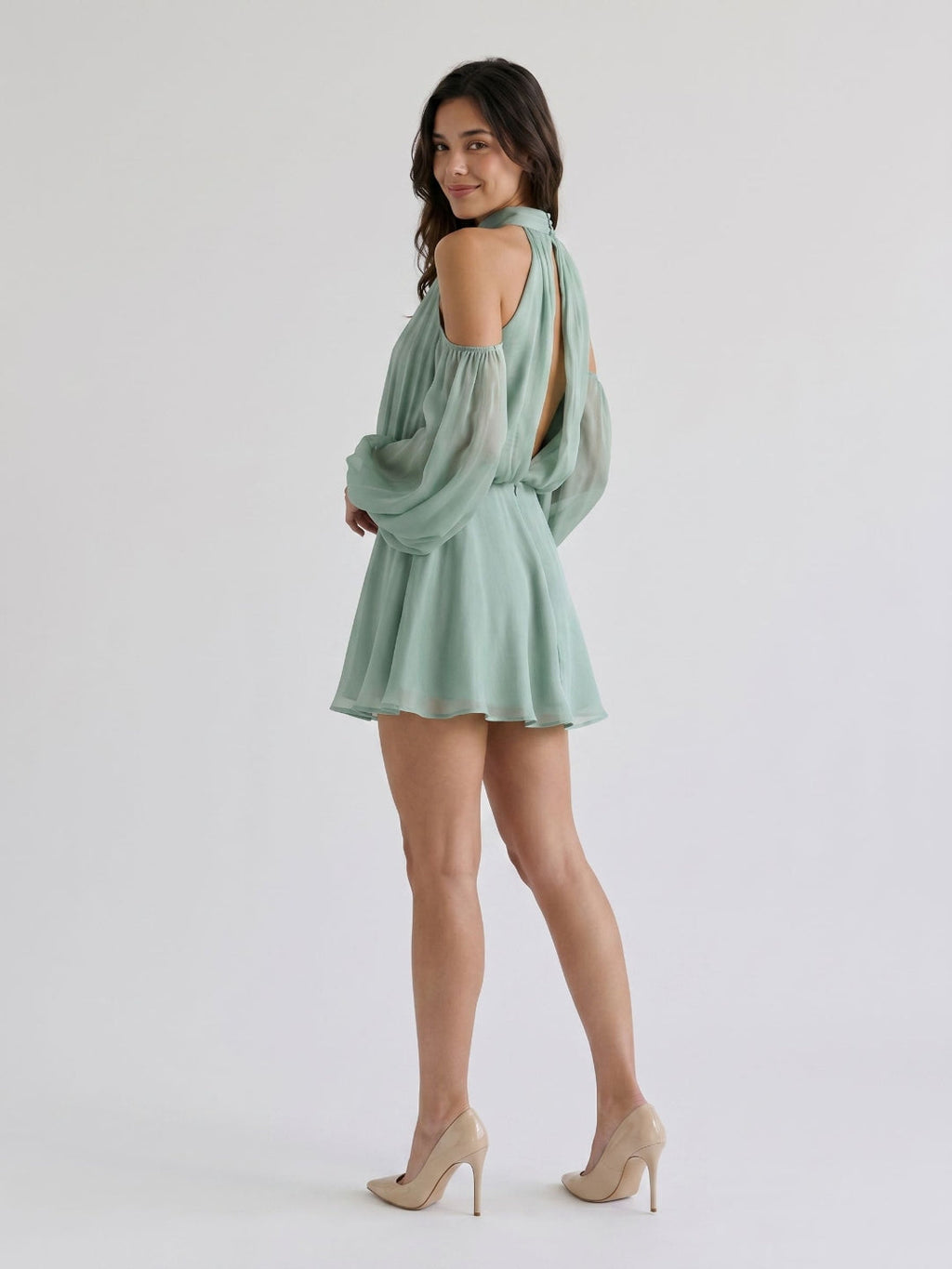 Dusty Sage Chiffon A-Line Scoop Neck Back Zip Short Birthday Dress - Curvevia