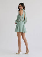 Dusty Sage Chiffon A-Line Scoop Neck Back Zip Short Birthday Dress - Curvevia