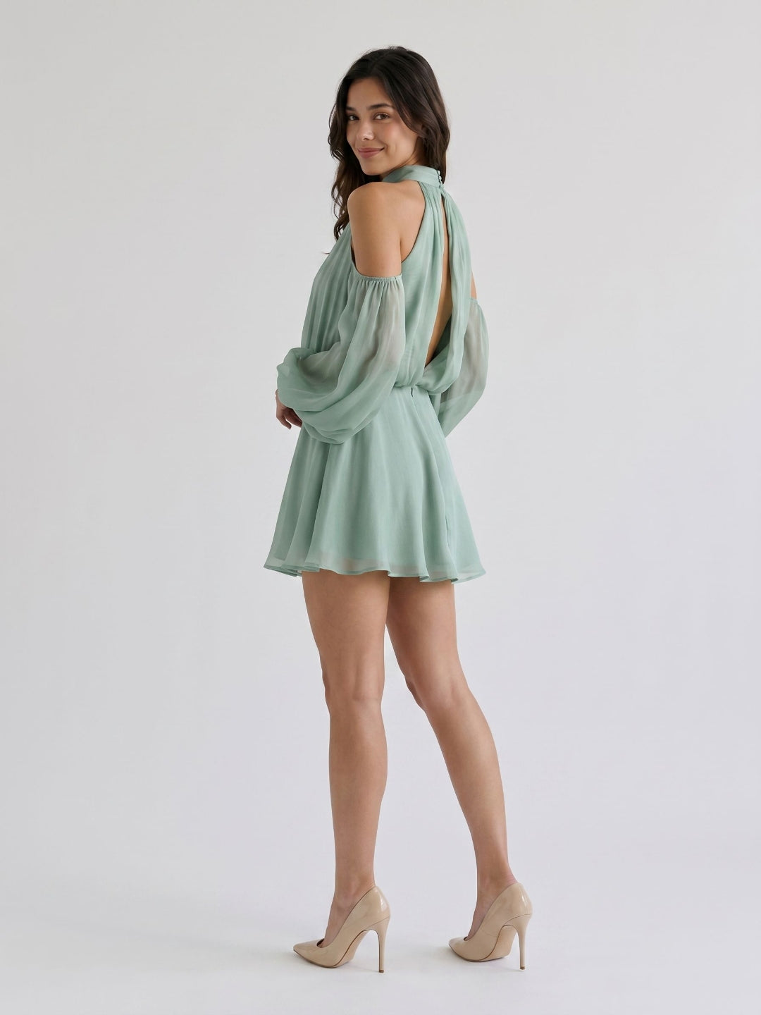 Dusty Sage Chiffon A-Line Scoop Neck Back Zip Short Birthday Dress - Curvevia