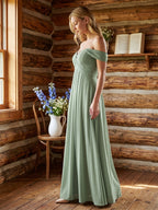 Dusty Sage Chiffon A-Line V-Neck Backless Floor-Length Bridesmaid Dress with Pleating - Curvevia