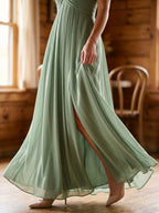 Dusty Sage Chiffon A-Line V-Neck Backless Floor-Length Bridesmaid Dress with Pleating - Curvevia
