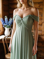 Dusty Sage Chiffon A-Line V-Neck Backless Floor-Length Bridesmaid Dress with Pleating - Curvevia