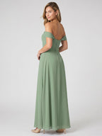 Dusty Sage Chiffon A-Line V-Neck Backless Floor-Length Bridesmaid Dress with Pleating - Curvevia