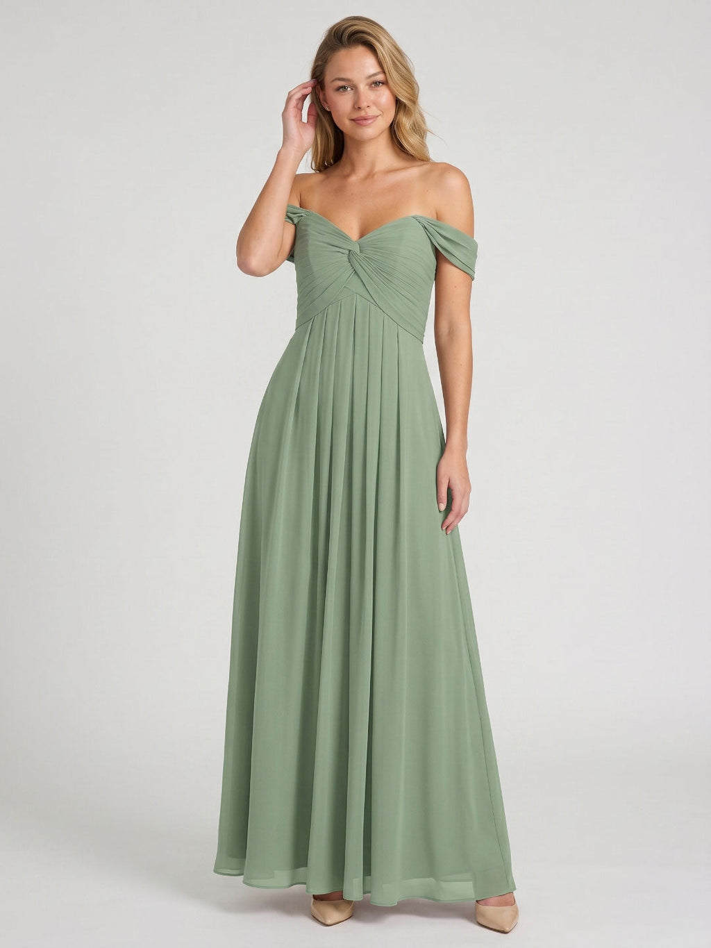 Dusty Sage Chiffon A-Line V-Neck Backless Floor-Length Bridesmaid Dress with Pleating - Curvevia