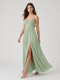 Dusty Sage Chiffon A-Line V-Neck Bow Back Floor-Length Bridesmaid Dress with Bow Detail - Curvevia