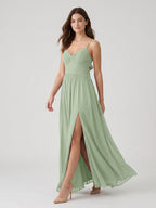 Dusty Sage Chiffon A-Line V-Neck Bow Back Floor-Length Bridesmaid Dress with Bow Detail - Curvevia