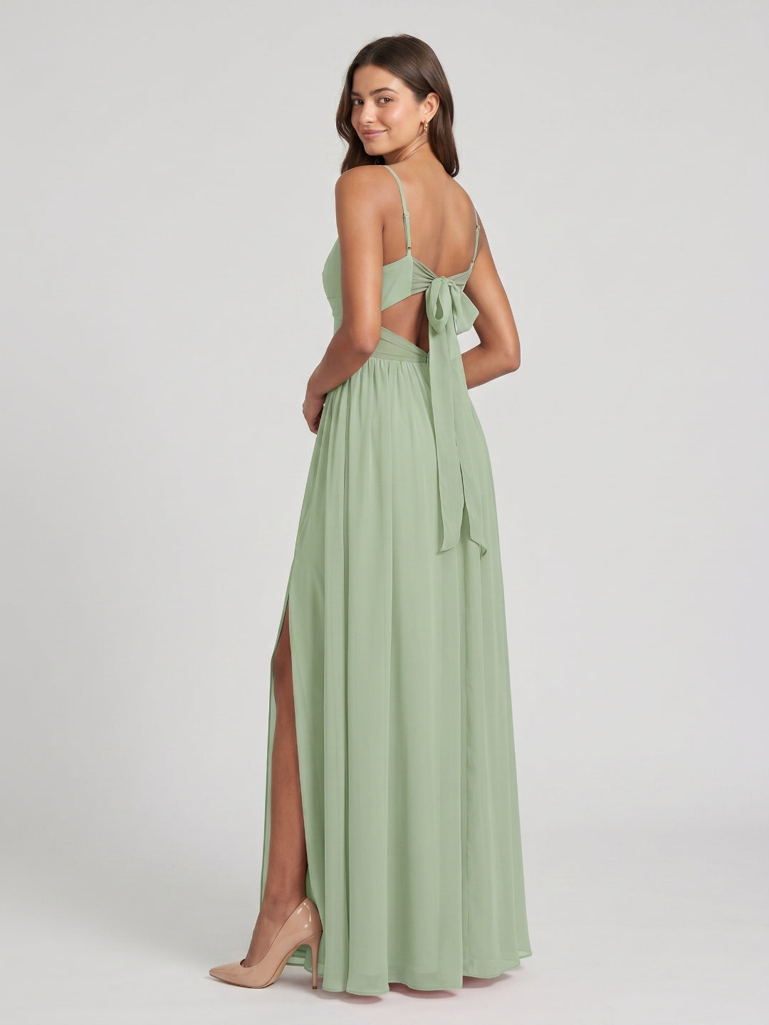 Dusty Sage Chiffon A-Line V-Neck Bow Back Floor-Length Bridesmaid Dress with Bow Detail - Curvevia