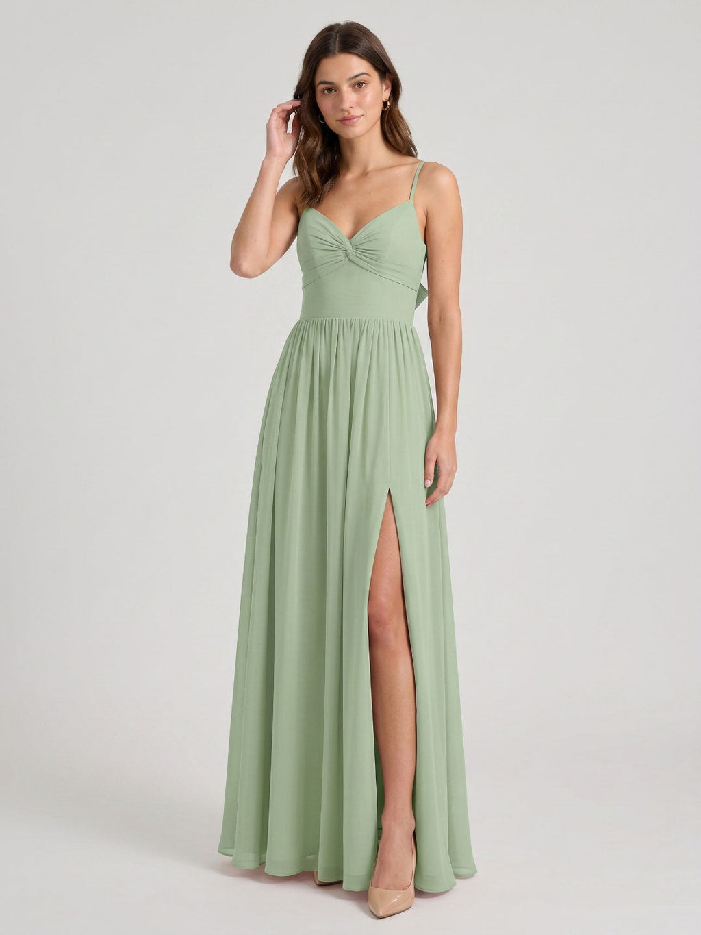 Dusty Sage Chiffon A-Line V-Neck Bow Back Floor-Length Bridesmaid Dress with Bow Detail - Curvevia