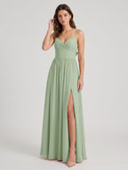Dusty Sage Chiffon A-Line V-Neck Bow Back Floor-Length Bridesmaid Dress with Bow Detail - Curvevia